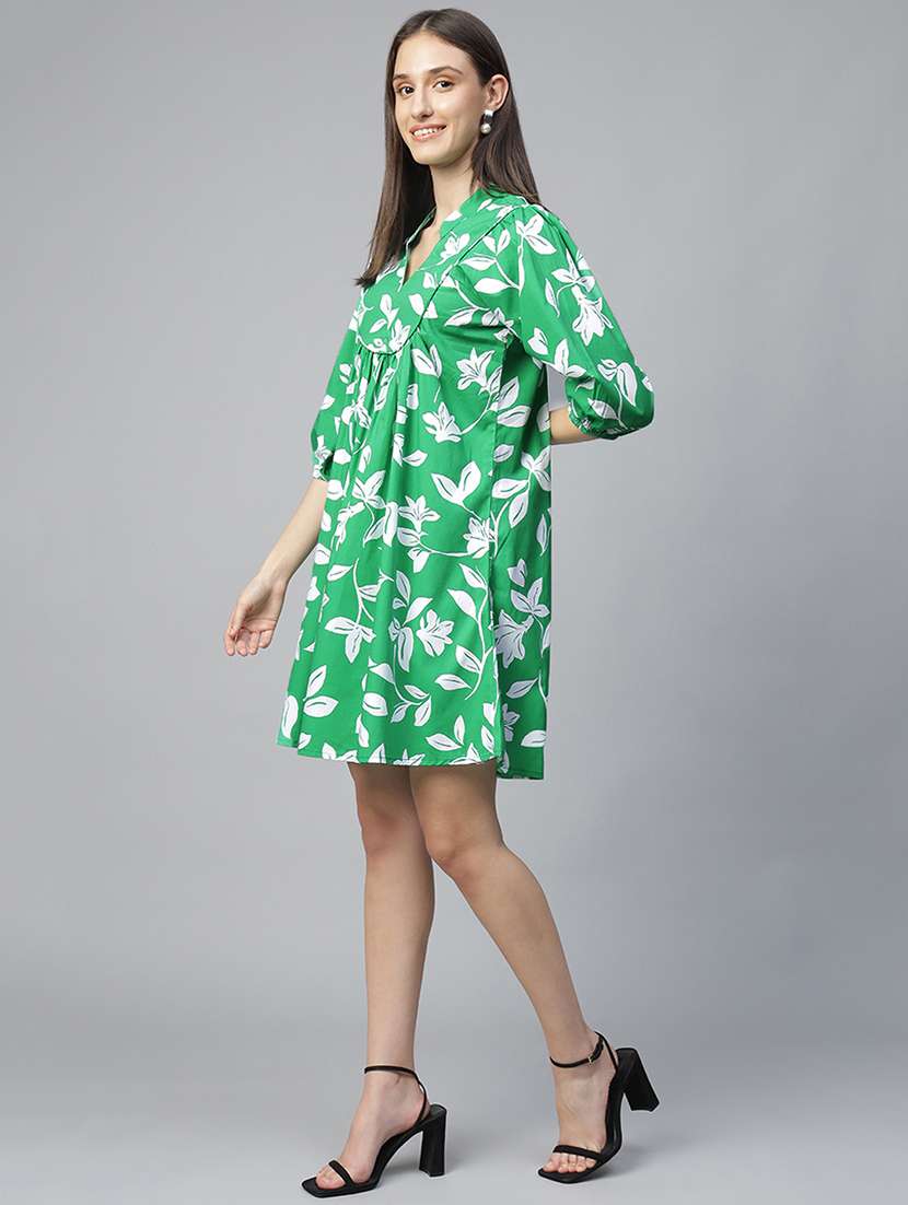 women green printed puff sleeve a-line dress - 22069510 -  Standard Image - 2