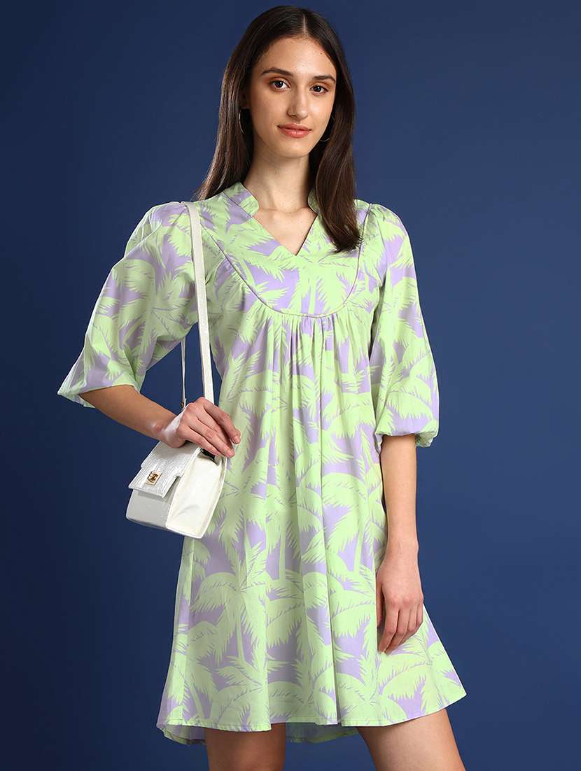 women printed puff sleeve a-line dress