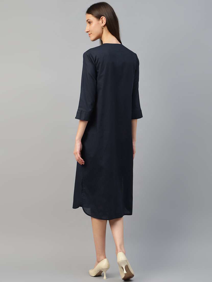 women navy blue solid three quarter sleeve shirt dress - 22069513 -  Standard Image - 2