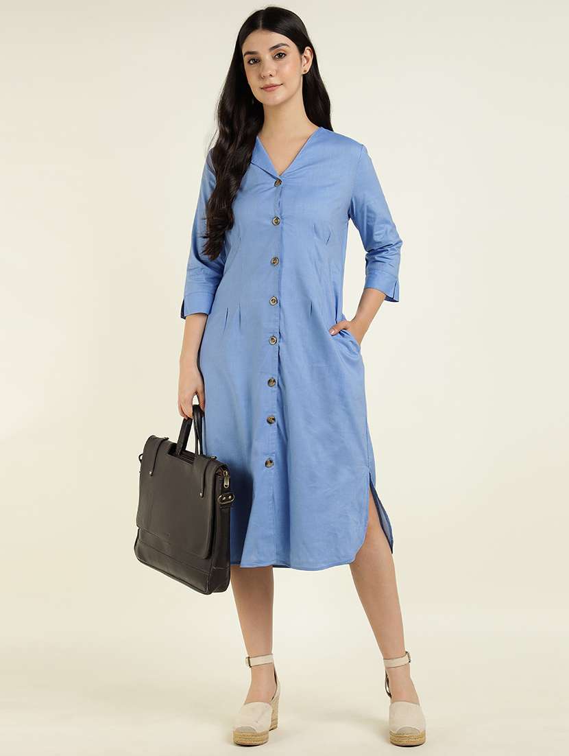 women solid three quarter sleeve shirt dress - 22069519 -  Zoom Image - 0