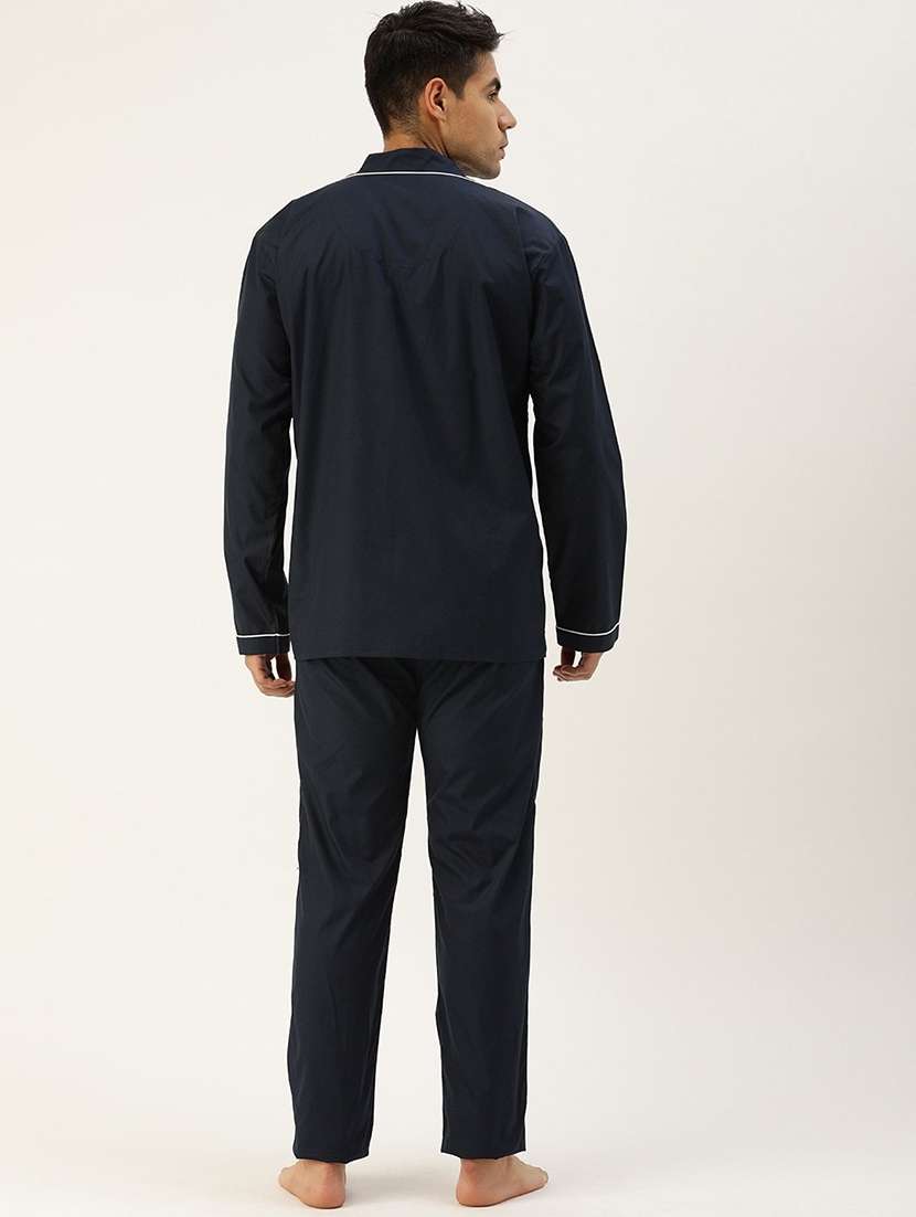 men navy blue solid long sleeve sleepwear set - 22069536 - Standard Image - 2