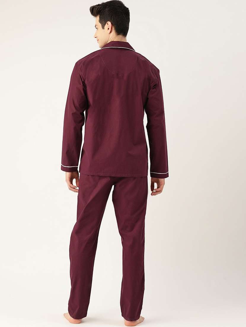 men maroon solid long sleeve sleepwear set - 22069539 -  Standard Image - 2