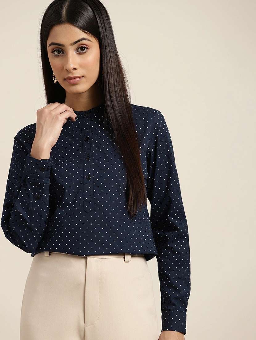 women polka doted mandarin neck long sleeve top