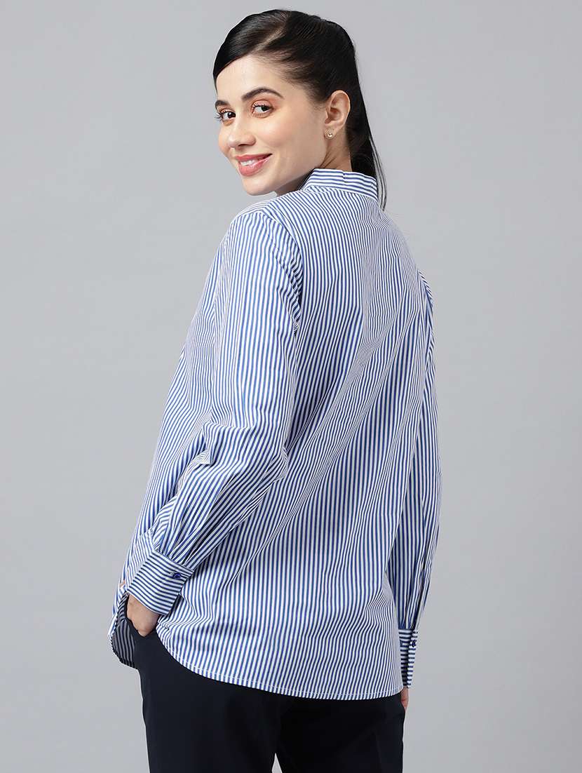 women striped mandarin neck long sleeve top - 22069595 - Standard Image - 2