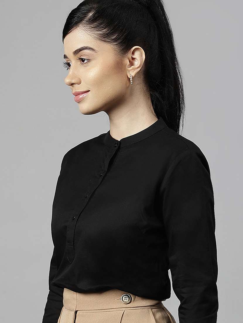 women solid mandarin neck long sleeve top - 22069600 - Zoom Image - 0