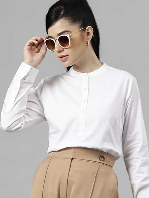 women solid mandarin neck long sleeve top - 22069604 - Standard Image - 0