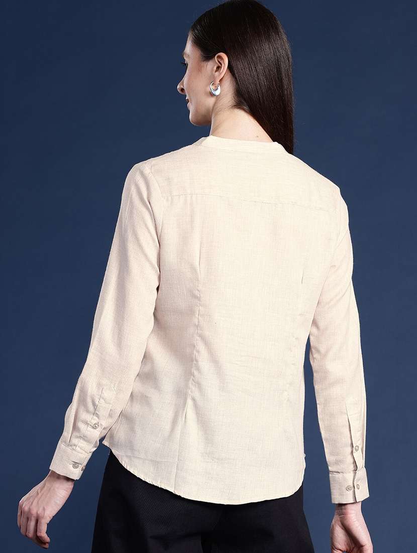 women solid mandarin neck long sleeve top - 22069605 -  Standard Image - 2