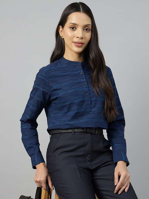 women melange print mandarin neck long sleeve top - 22069607 - Standard Image - 0