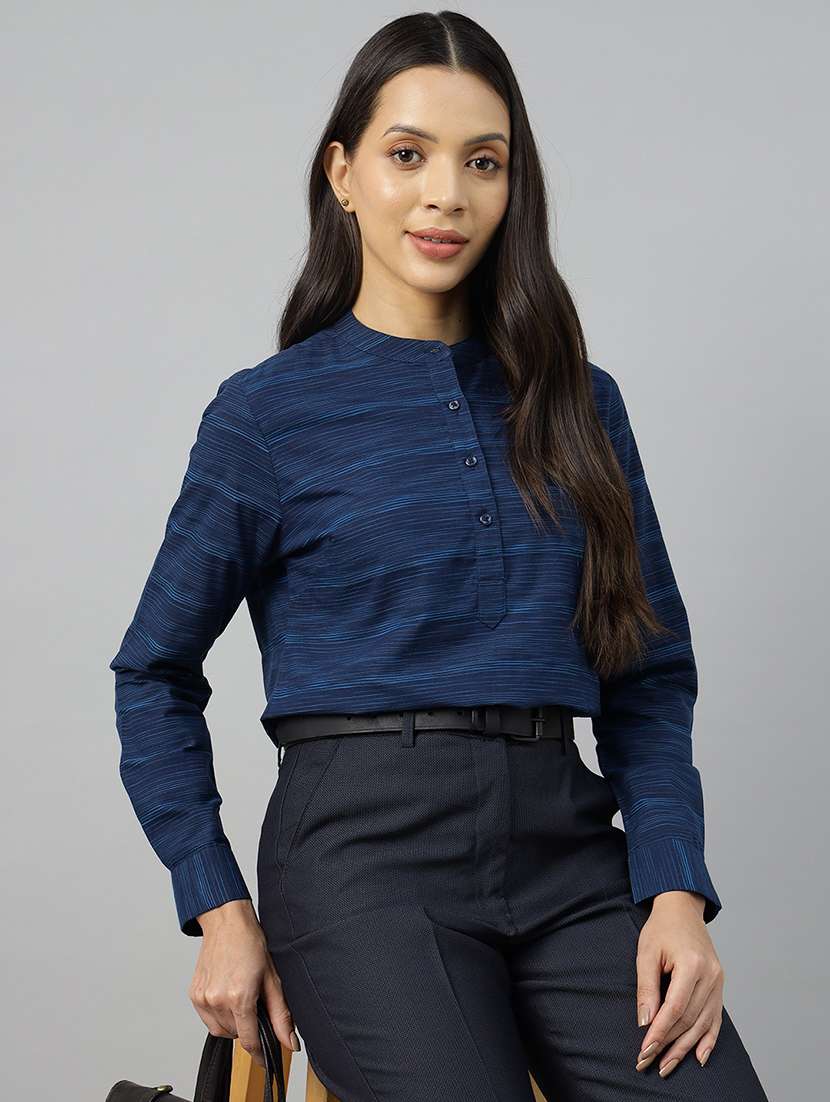 women melange print mandarin neck long sleeve top - 22069607 - Zoom Image - 0