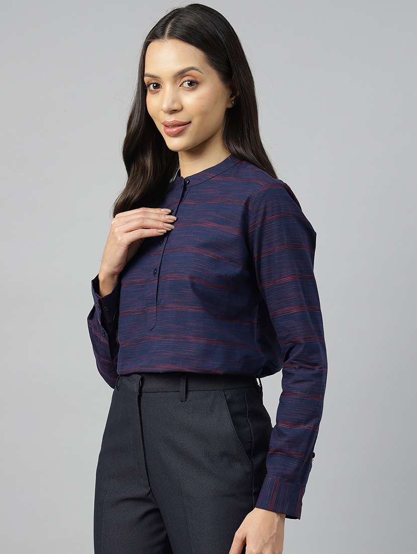 women striped mandarin neck long sleeve top - 22069608 - Standard Image - 2