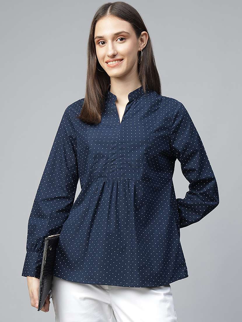 women polka doted mandarin neck long sleeve top