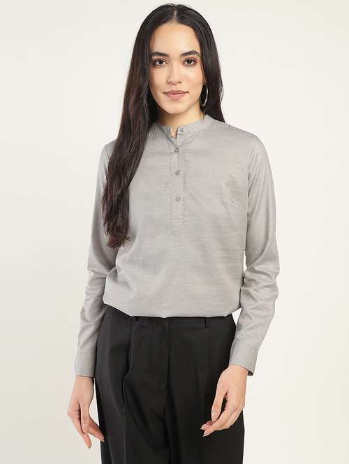 women solid mandarin neck long sleeve top - 22069612 - Standard Image - 0