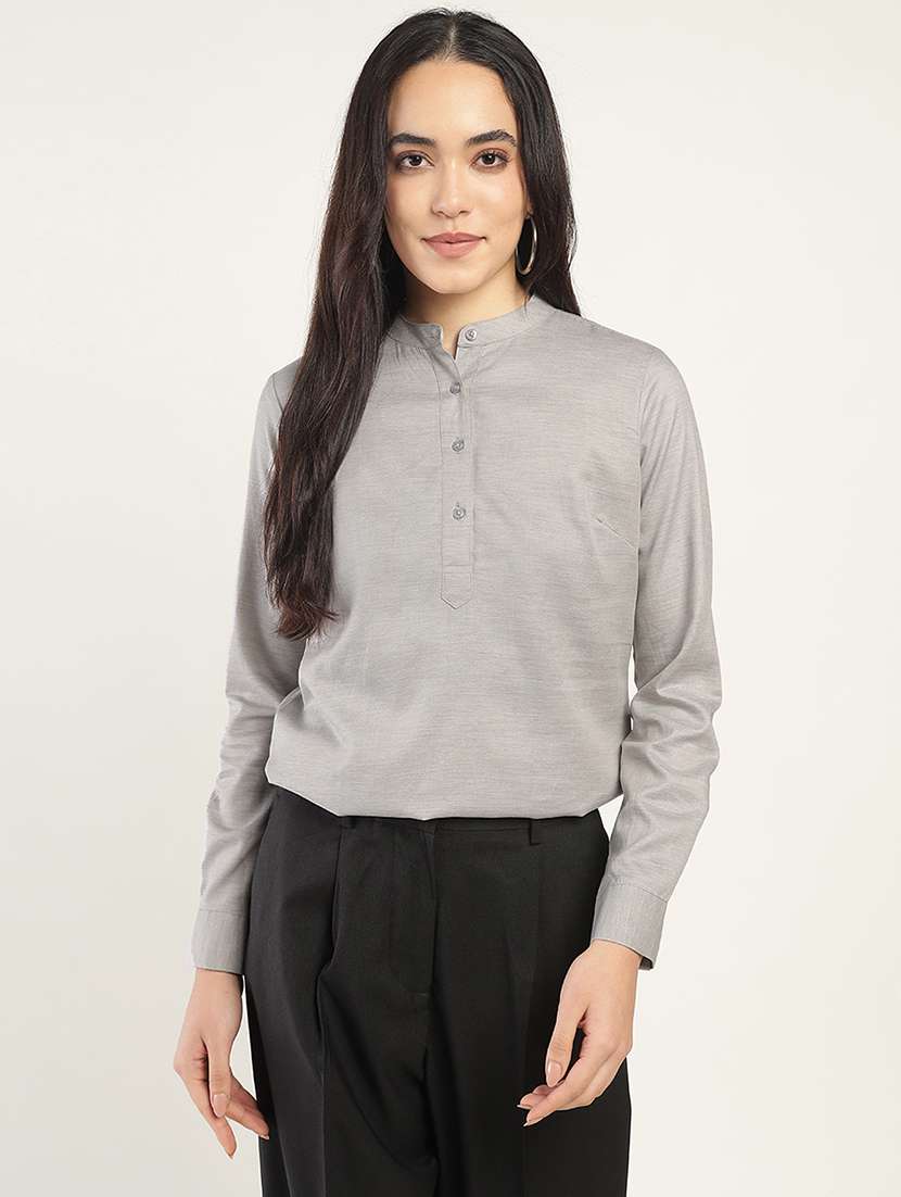 women solid mandarin neck long sleeve top - 22069612 - Zoom Image - 0
