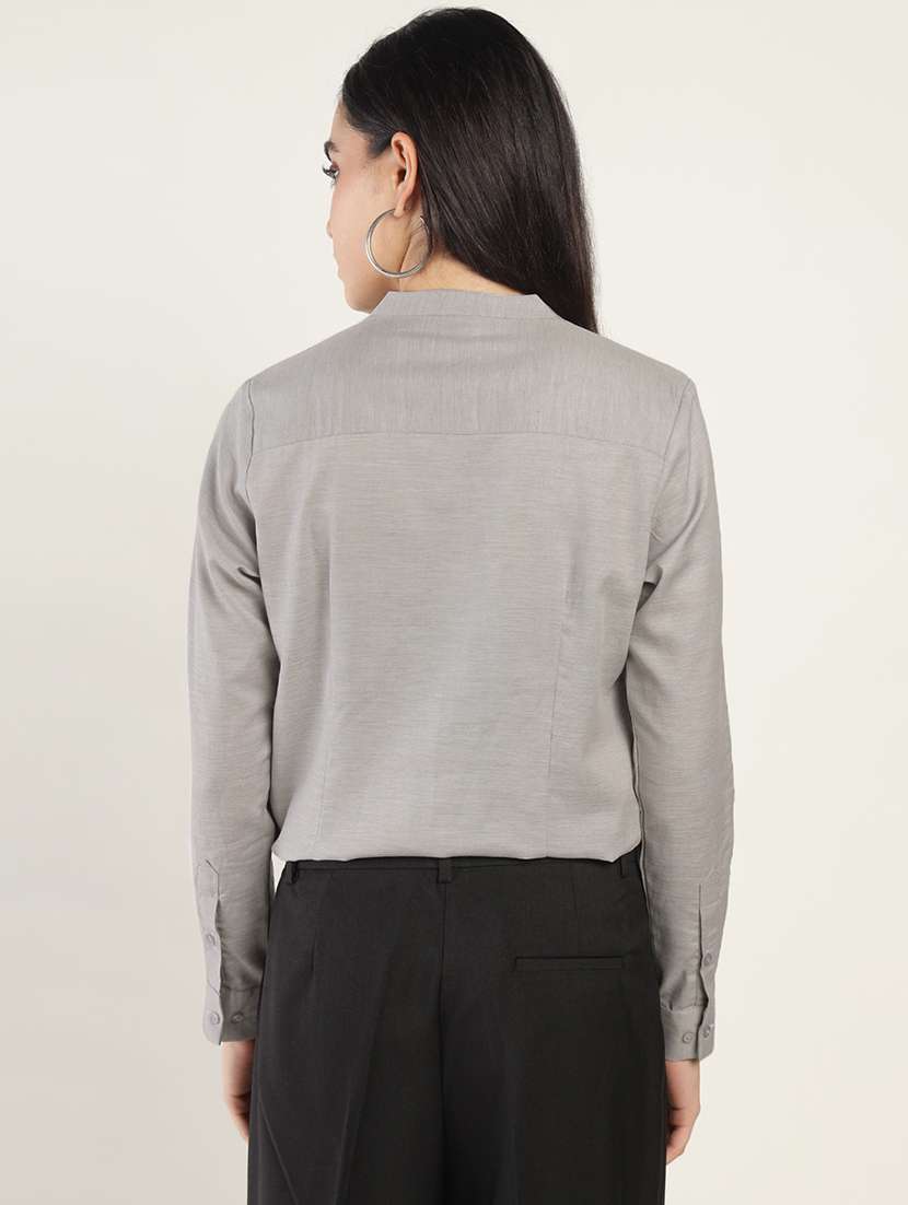 women solid mandarin neck long sleeve top - 22069612 - Standard Image - 2