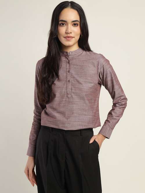 women solid mandarin collared long sleeve top - 22069613 - Standard Image - 0