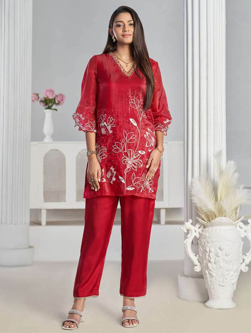 women embroidered three quarter sleeve ethnic co-ord set