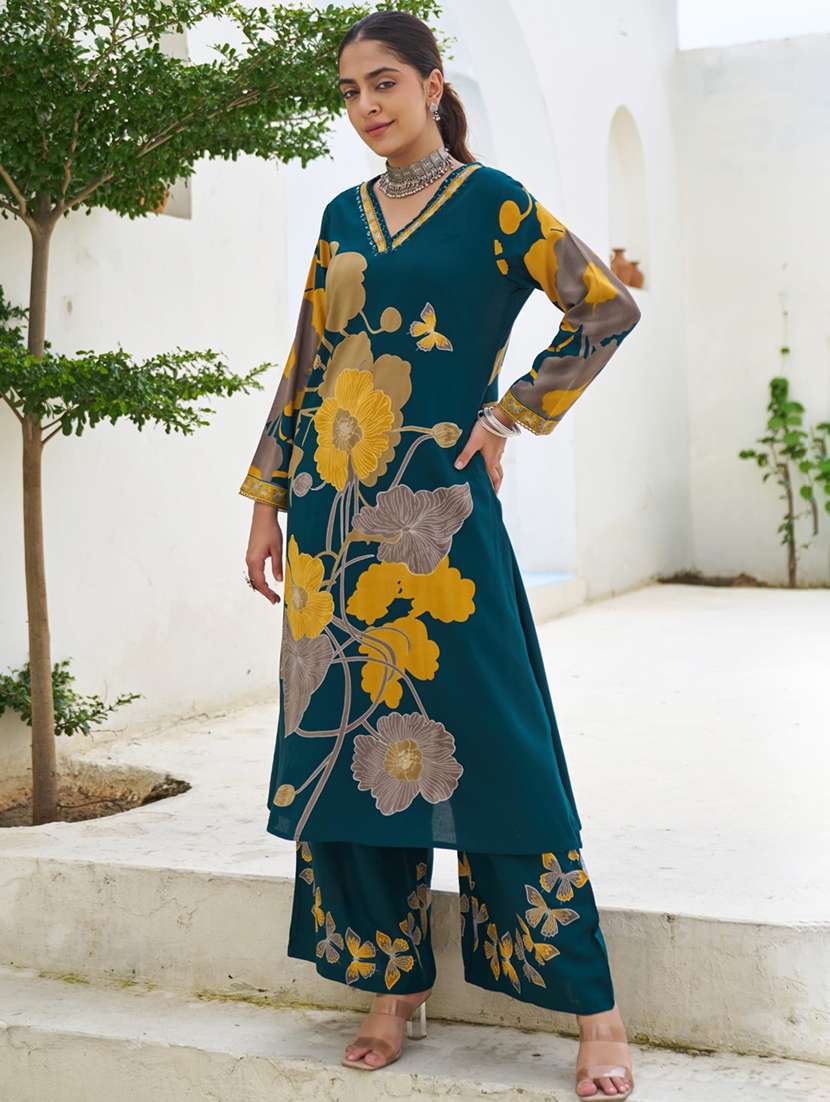 women floral printed long sleeve kurta palazzo set - 22069648 - Standard Image - 2