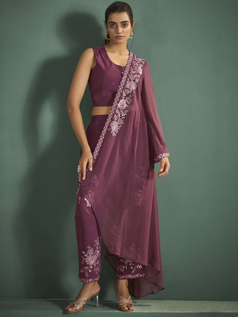 women embroidered long sleeve fusion set - 22069668 - Standard Image - 2