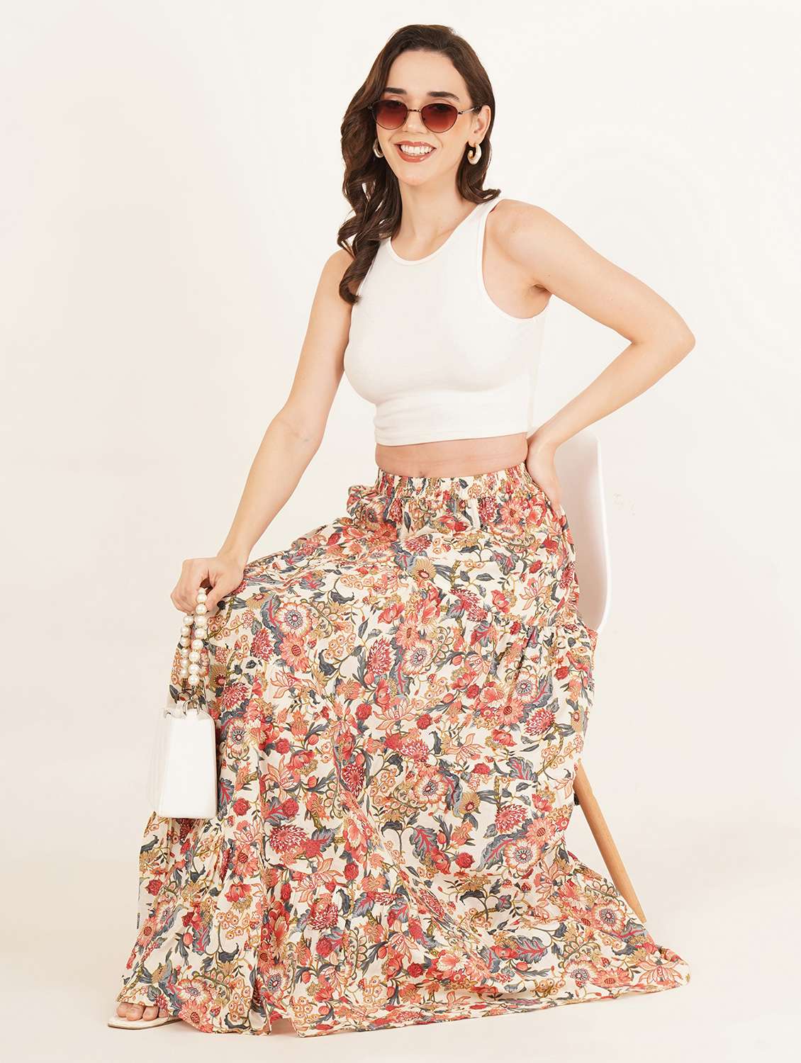 Women Floral Print High Rise Tiered Skirt