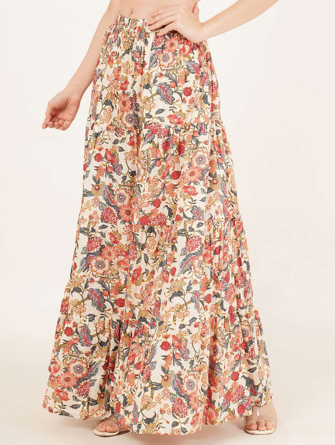 Women Floral Print High Rise Tiered Skirt
