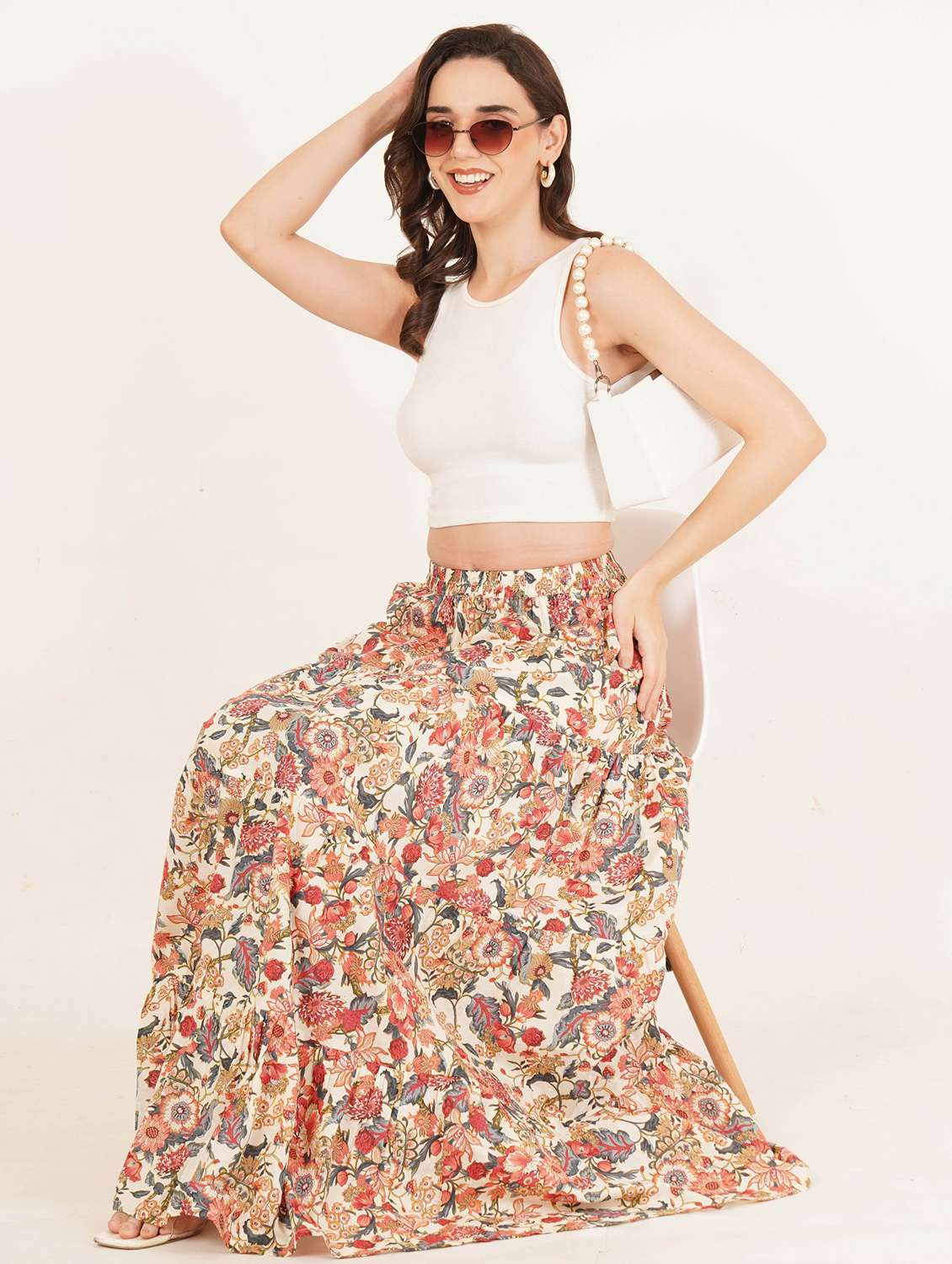 Women Floral Print High Rise Tiered Skirt