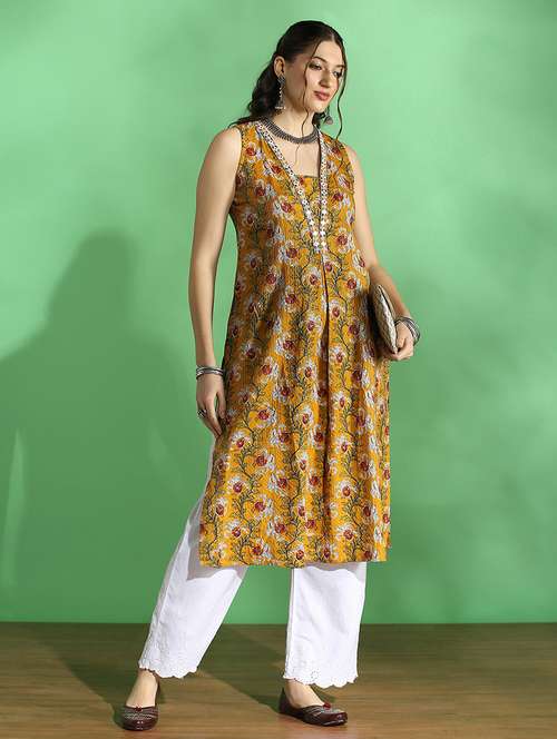 globus women mustard all over floral print v-neck embroidered woven design pleated straight kurta - 22069701 -  Standard Image - 0