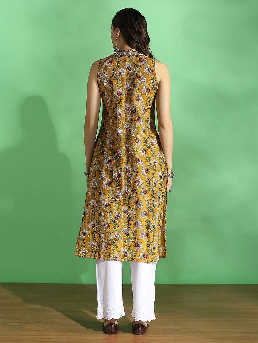 globus women mustard all over floral print v-neck embroidered woven design pleated straight kurta - 22069701 -  Standard Image - 2