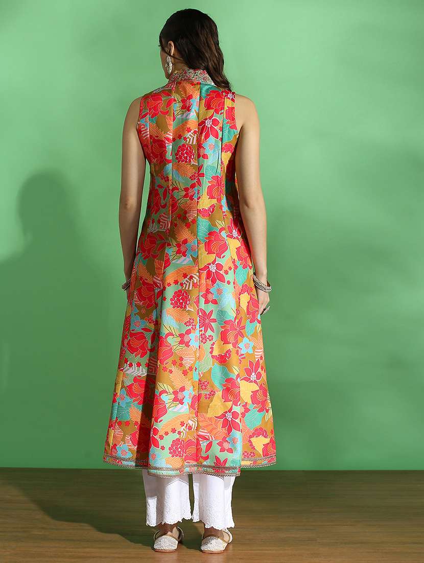 globus women yellow floral print embroidered zari work v-neck panelled anarkali festive kurta - 22069703 - Standard Image - 2