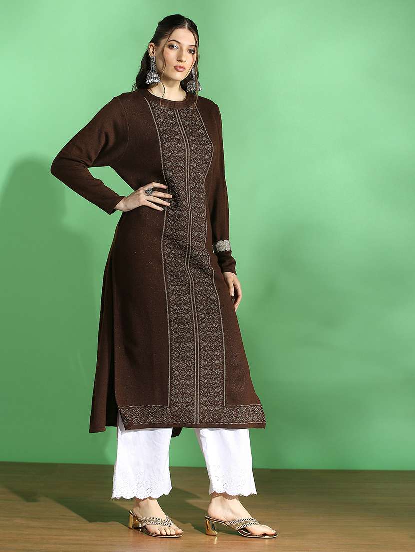 globus women brown round neck full sleeves placement weave knitted acrylic loose fit winter wear kurta - 22069705 -  Standard Image - 2