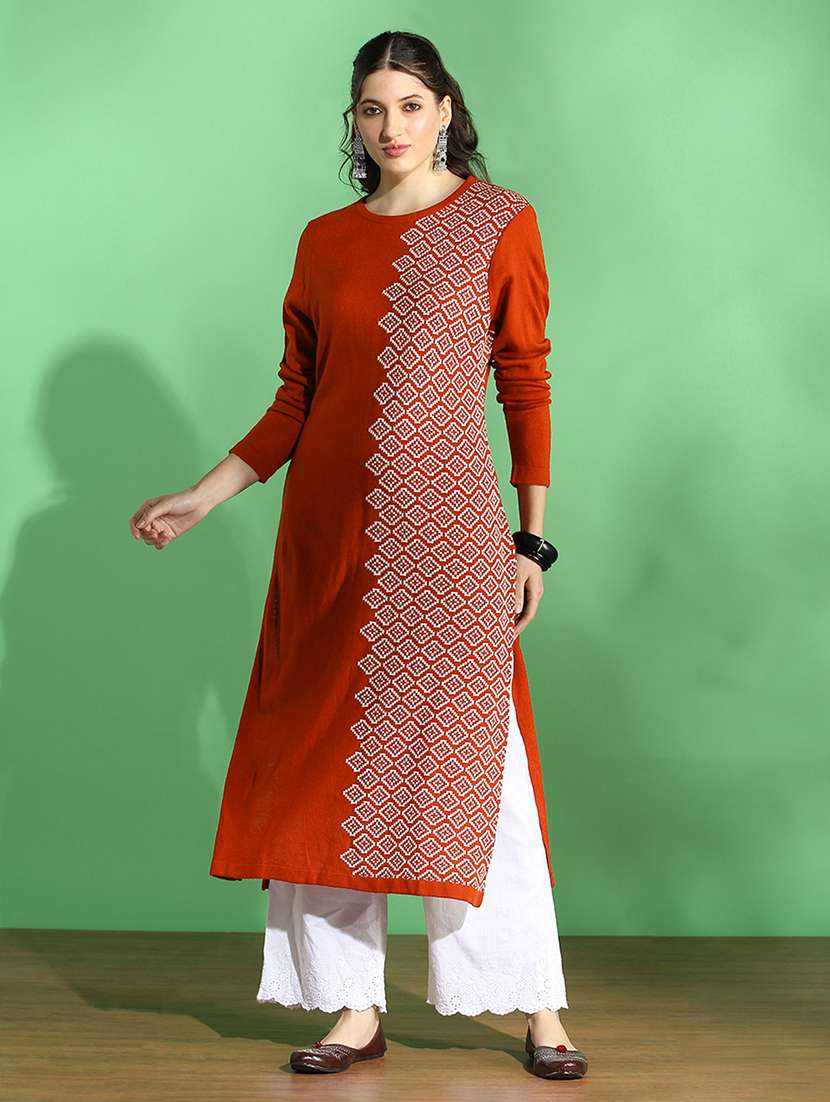 globus women rust round neck full sleeves geometric print placement weave knitted acrylic loose fit winter wear kurta - 22069706 -  Standard Image - 2