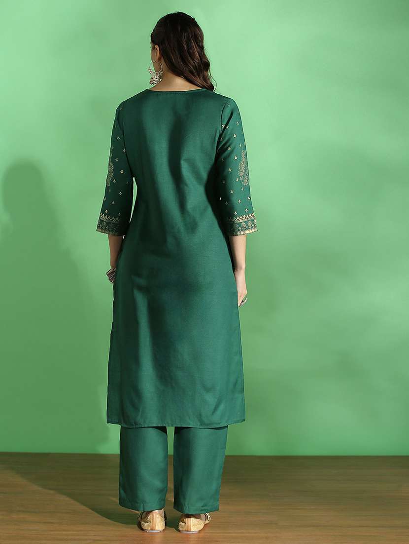 globus women green round neck ethnic foil print straight festive kurta & pant set - 22069708 -  Standard Image - 2