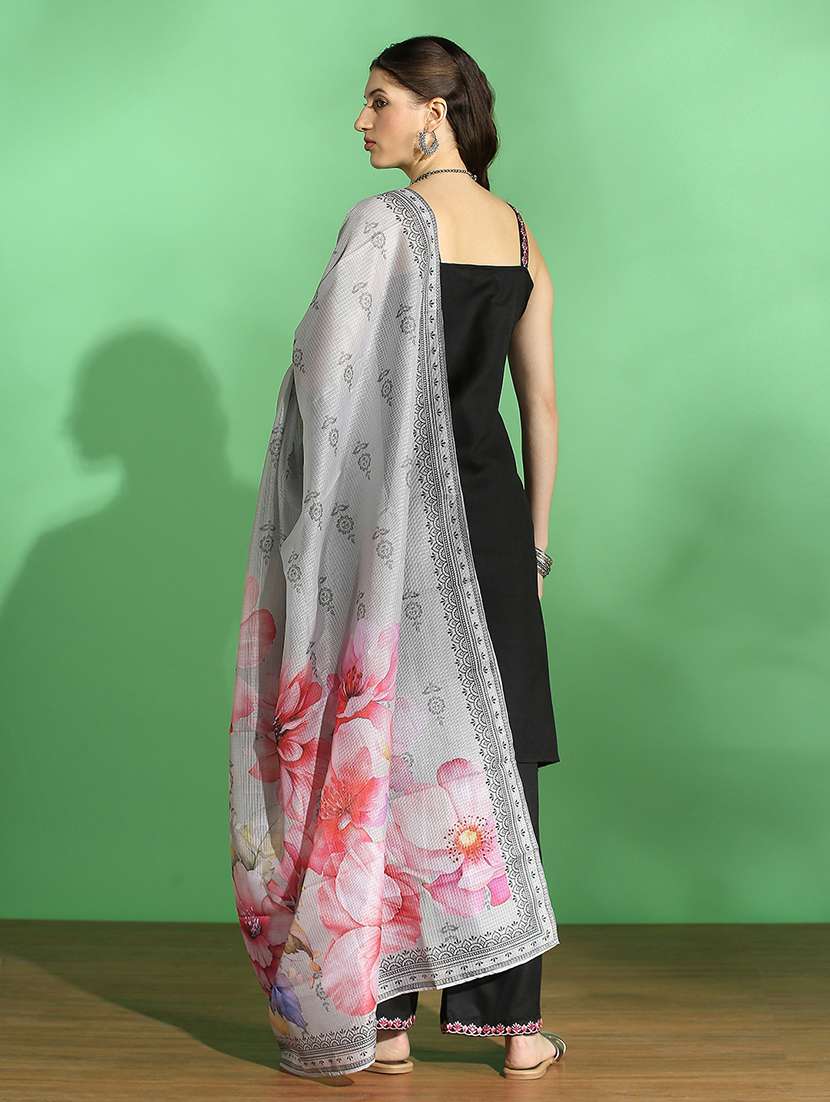 globus women black embroidered v-neck strappy sleeves front slit kurta with pant & floral printed dupatta set - 22069709 -  Standard Image - 2
