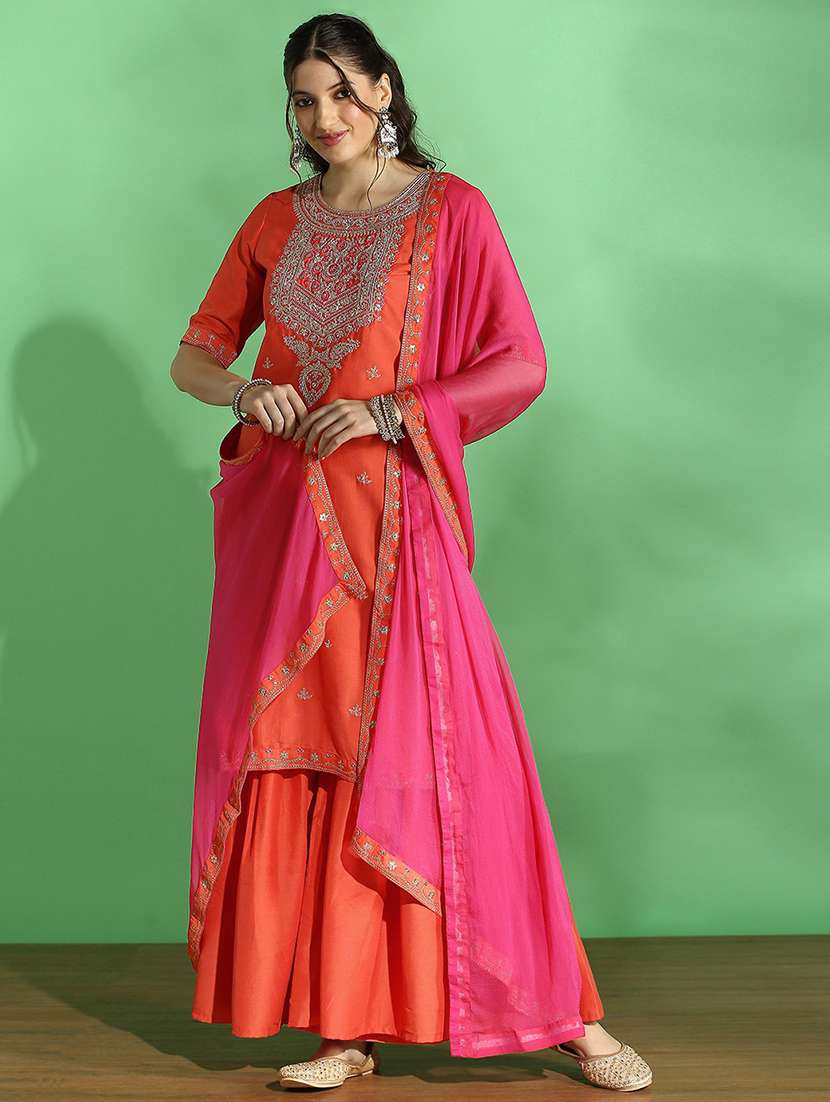 globus women orange embroidered yoke zari work straight kurta with sharara & contrast dupatta festive set