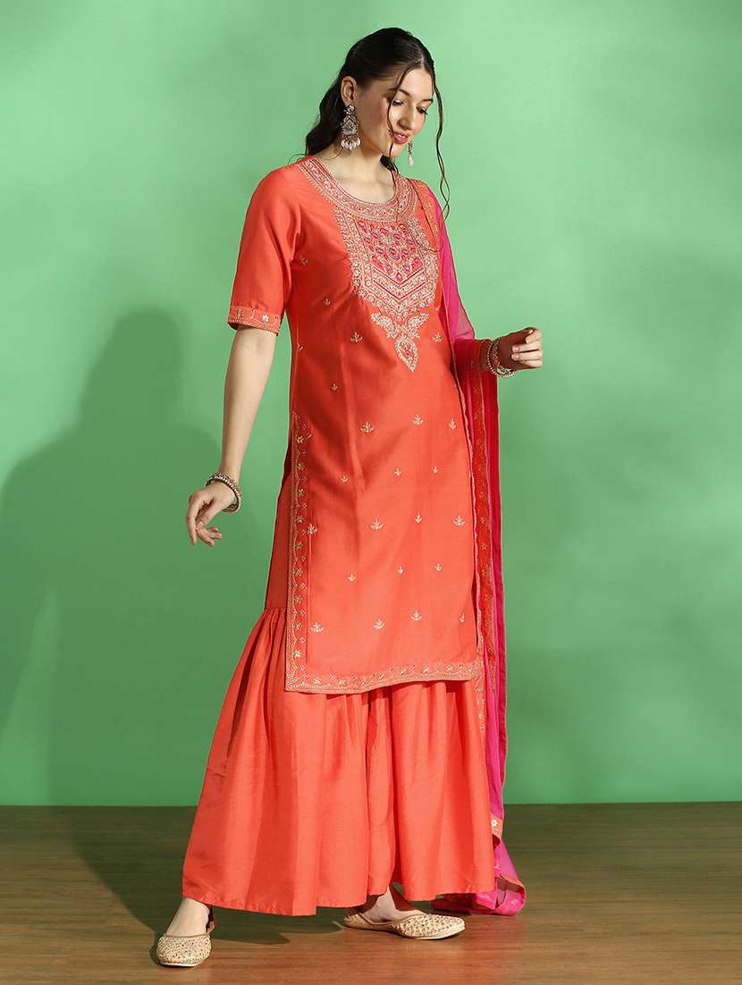 globus women orange embroidered yoke zari work straight kurta with sharara & contrast dupatta festive set - 22069710 -  Standard Image - 2