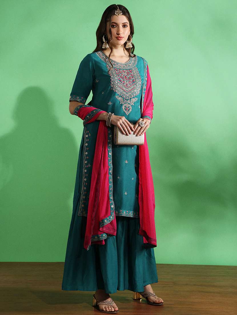 globus women blue embroidered yoke zari work straight kurta with sharara & contrast dupatta festive set