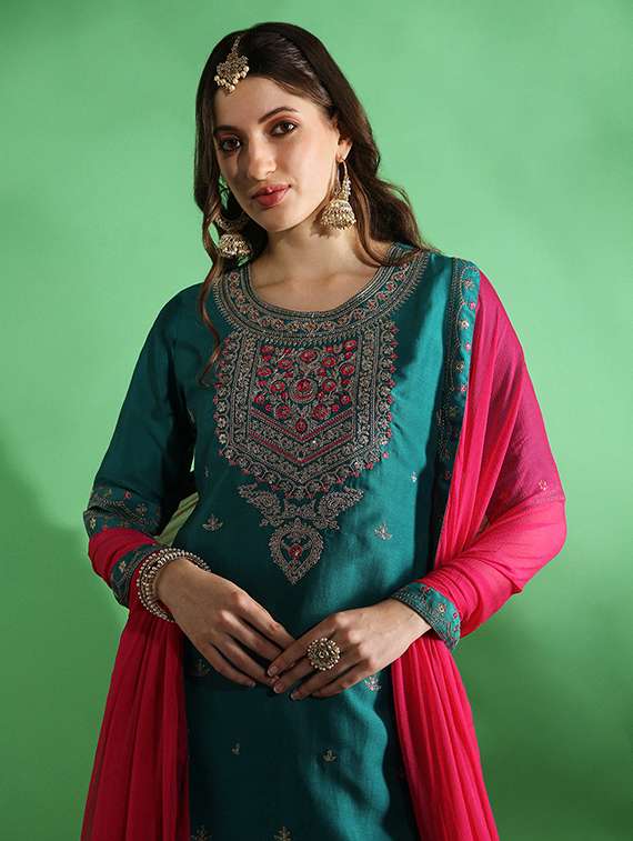 globus women blue embroidered yoke zari work straight kurta with sharara & contrast dupatta festive set - 22069711 -  Standard Image - 2