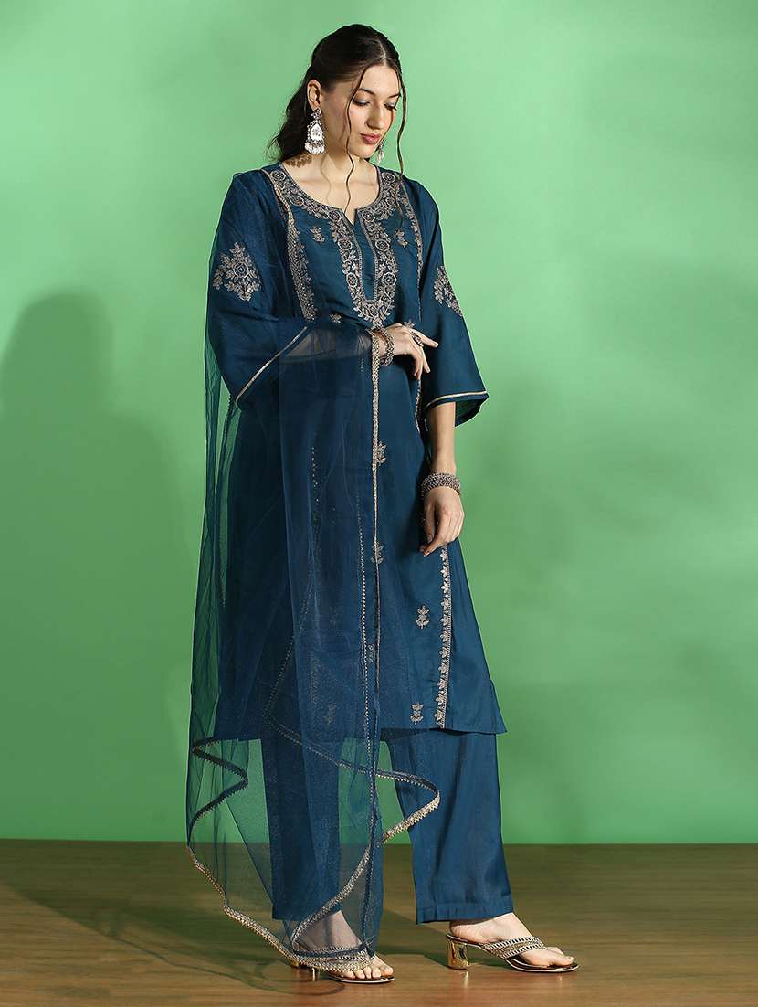globus women teal embroidered yoke zari work bell sleeves straight kurta with pant & dupatta festive set - 22069712 -  Standard Image - 2