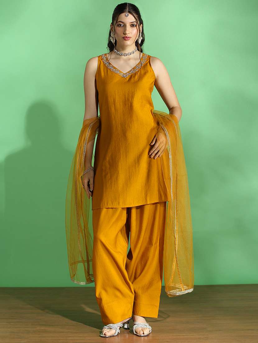 globus women mustard embroidered v-neck kurta with wide leg pant & dupatta set