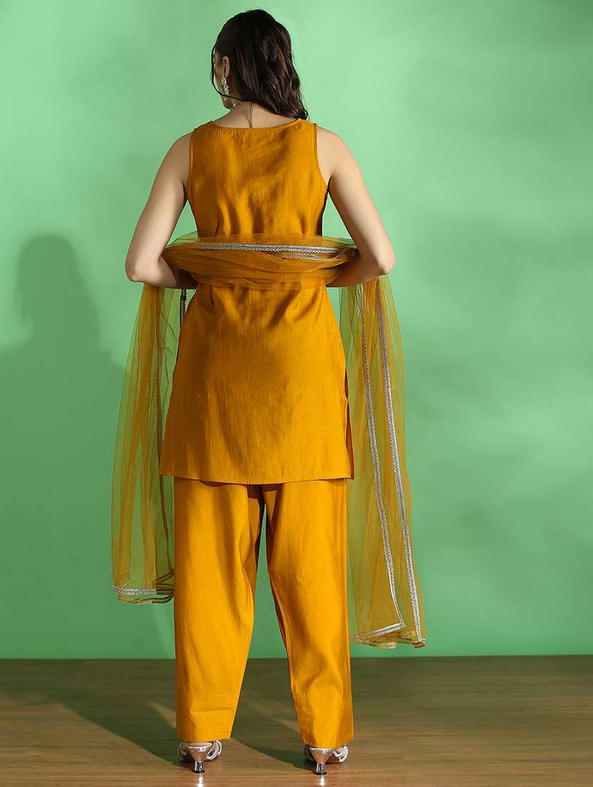 globus women mustard embroidered v-neck kurta with wide leg pant & dupatta set - 22069713 -  Standard Image - 2