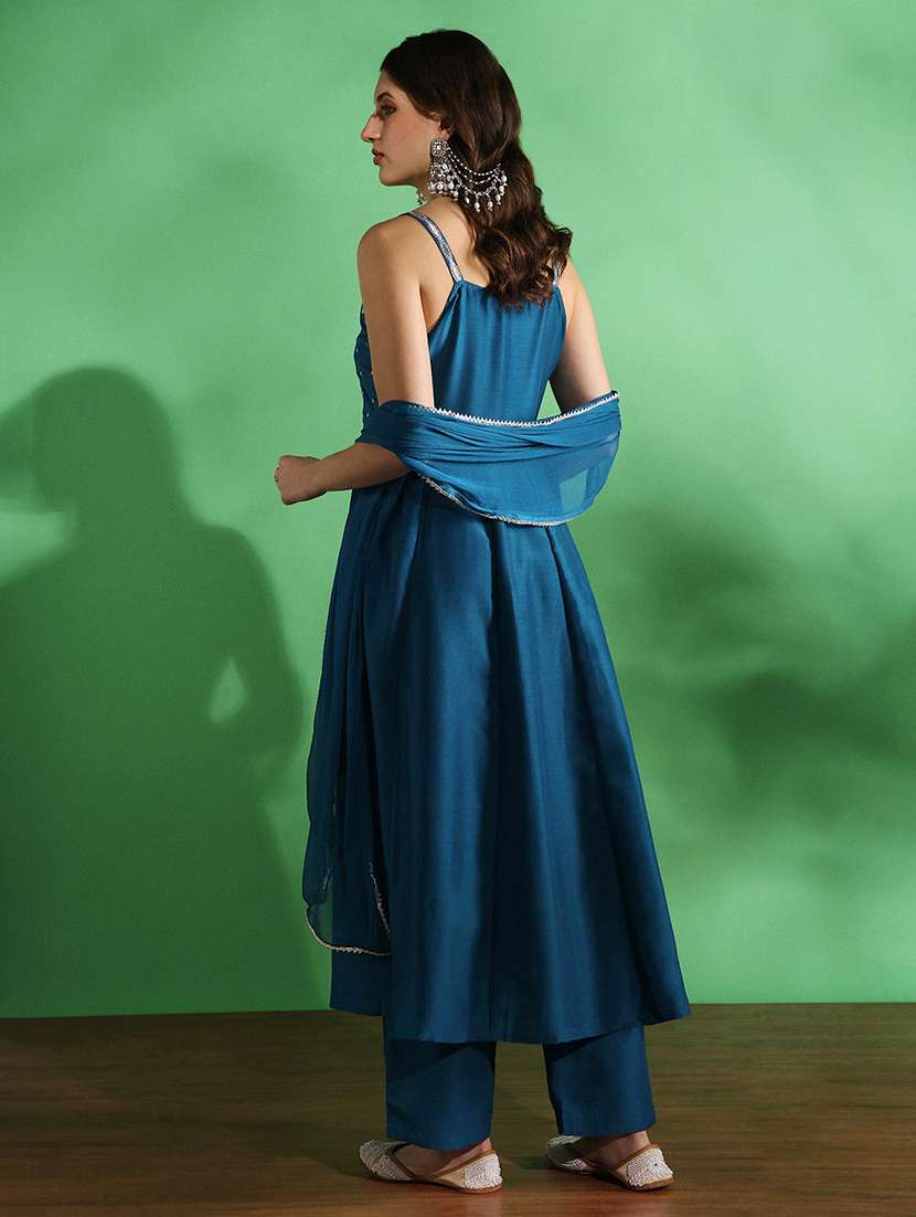 globus women blue sequin embroidered yoke square neck strappy sleeves anarkali kurta with pant & dupatta set - 22069714 -  Standard Image - 2