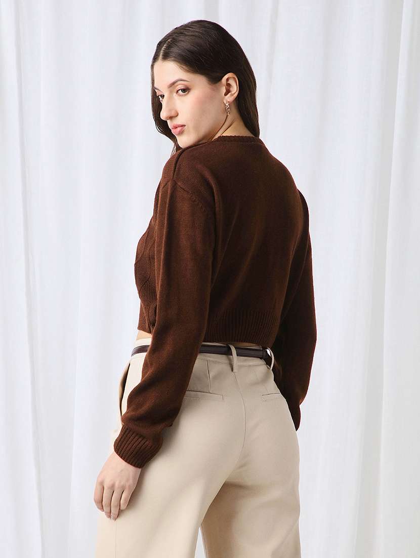 globus women brown cable knitting round neck long sleeve acrylic pullover crop sweater - 22069717 - Standard Image - 2