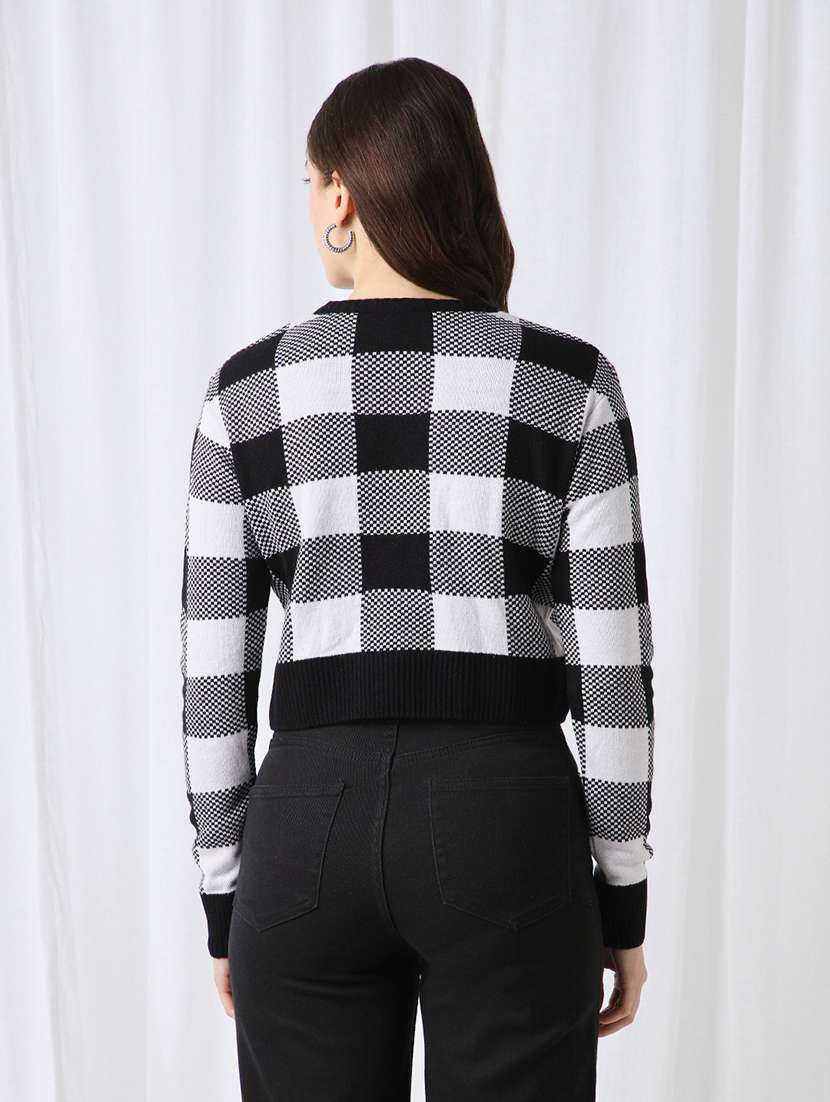 globus women black checkered round neck long sleeves acrylic pullover crop sweater - 22069718 - Standard Image - 2