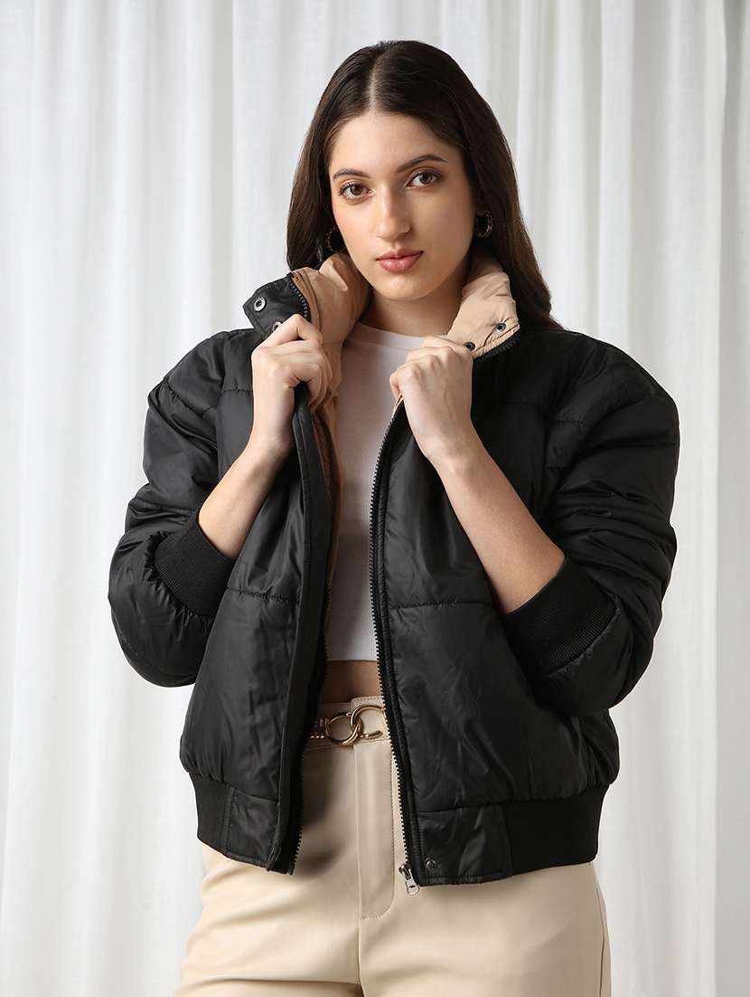 women black solid stand collar long sleeve puffer jacket - 22069722 - Zoom Image - 0