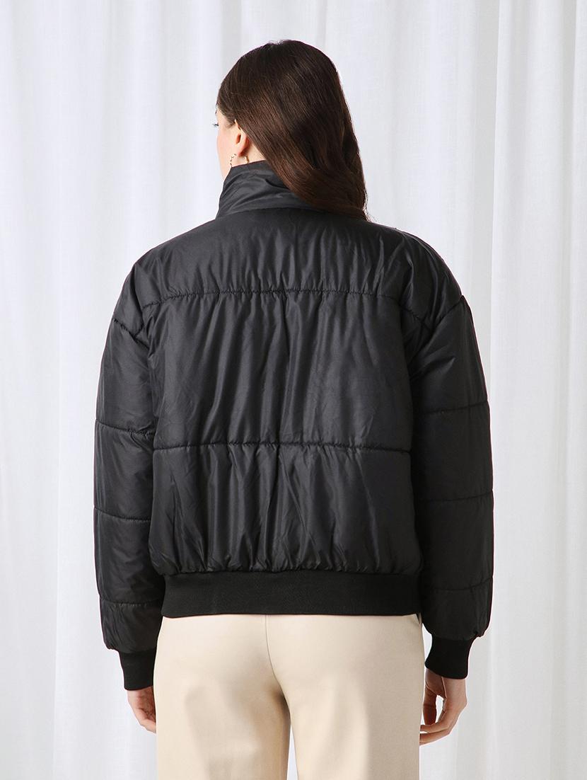 women black solid stand collar long sleeve puffer jacket - 22069722 - Standard Image - 2