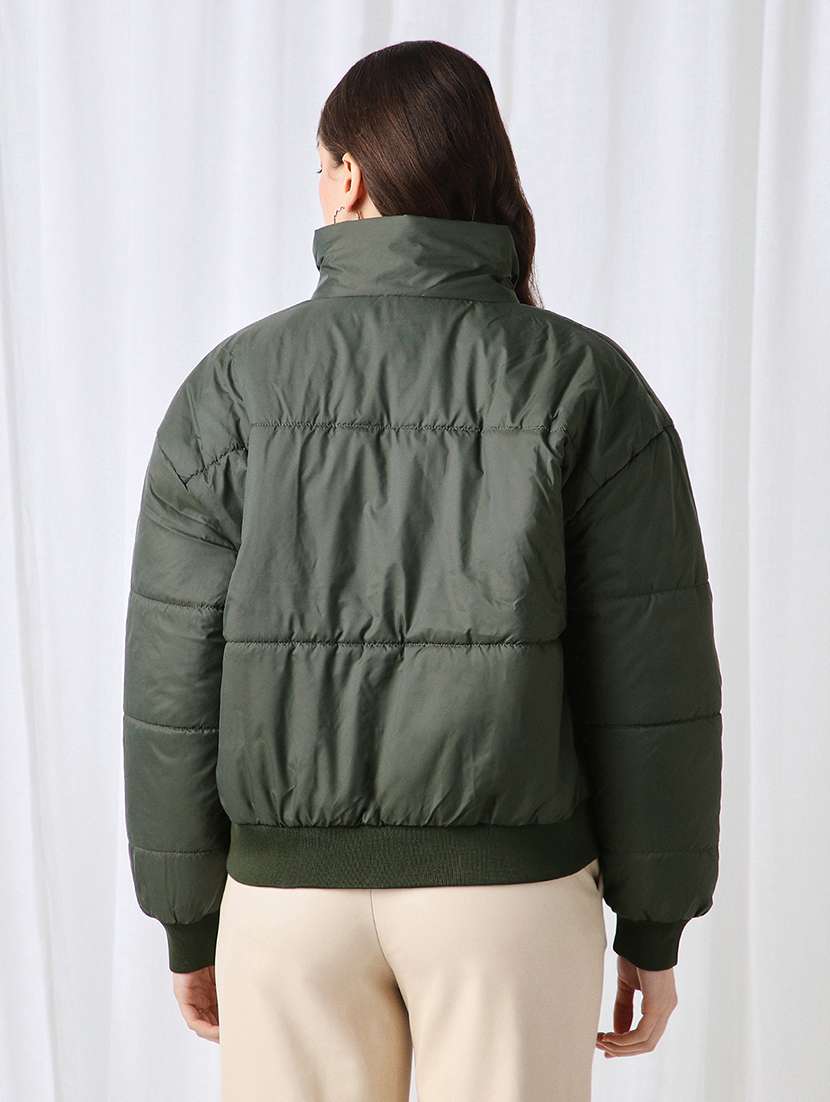 globus women olive high neck long sleeves winter wear puffer jacket - 22069723 -  Standard Image - 2