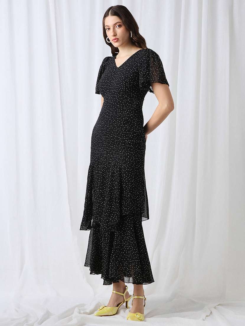 globus women black v-neck flared sleeves polka dot georgette layered fit & flare maxi party dress - 22069724 -  Standard Image - 2