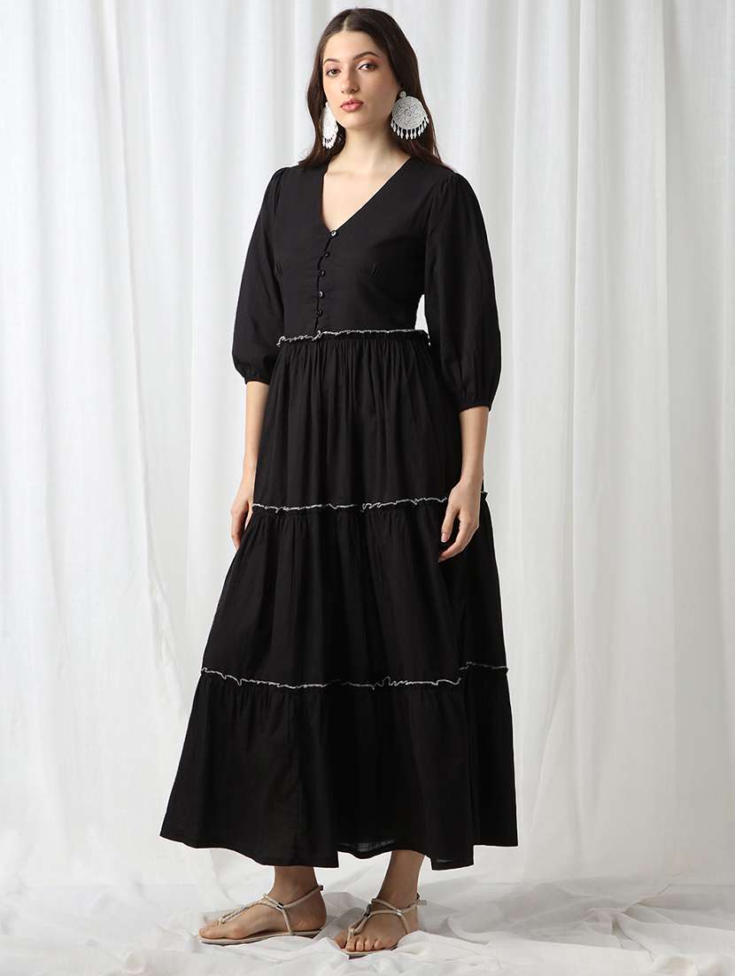 globus women black v-neck puff sleeves solid smocked gathered tiered fit & flare maxi dress - 22069725 -  Standard Image - 2