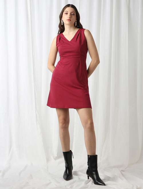 women maroon solid sleeveless a-line dress - 22069727 - Standard Image - 0