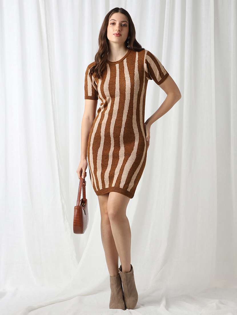 globus women brown round neck short sleeves abstract ribbed hem acrylic mini bodycon dress