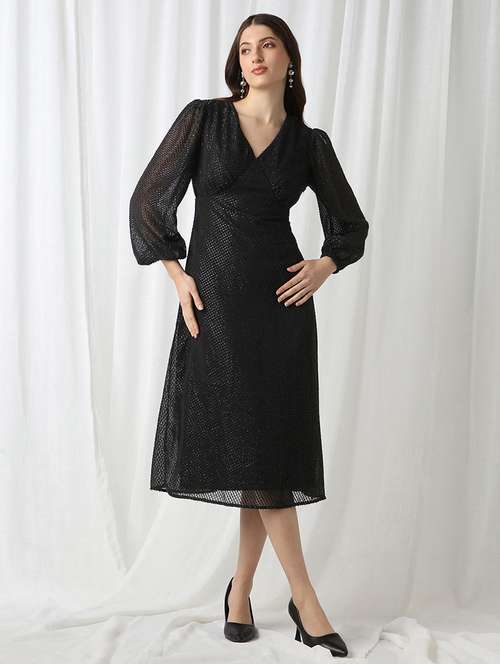 globus women black v-neck bishop sleeves lurex detail georgette fit & flare midi party dress - 22069732 -  Standard Image - 0